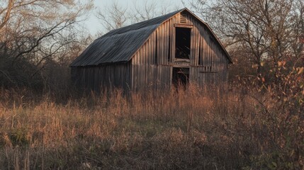 Canvas Print - A weathered barn stands alone in a field, surrounded by tall grasses and trees at dusk.