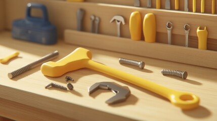 A 3D toy tool set with plastic hammer, wrench, and screws laid out on a wooden workbench