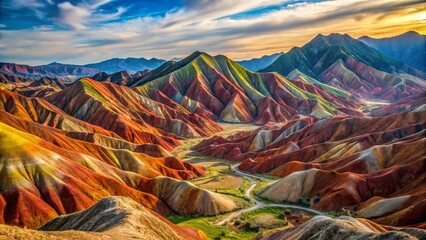 Wall Mural - Vibrant colors of the Rainbow Mountain in China's Danxia Landform Geological Park create a breathtaking landscape of striped hills, valleys, and misty vistas.