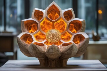 kaleidoscopic hexagonal wooden sculpture geometric autumninspired art piece front view intricate patterns warm wood tones soft lighting