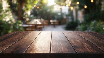 Sticker - A wooden table in a lush, softly lit outdoor setting, ideal for dining or gatherings.