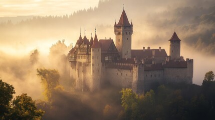 Wall Mural - A majestic castle shrouded in morning mist, surrounded by lush greenery and hills.