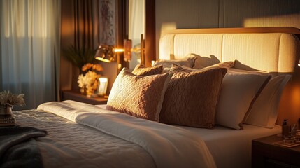 Sticker - Cozy, well-lit bedroom with plush bedding and decorative pillows, creating a relaxing atmosphere.