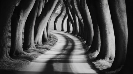 Canvas Print - A black and white photo of a tree lined road, AI