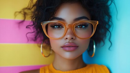 vibrant street style portrait of woman wearing uniquely top and trendy eyeglasses with vividly color