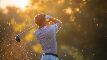 Sticker - Golfer swinging a club at sunset, capturing the essence of the sport in a serene setting.