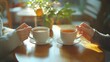 © The Little Hut - Cozy morning girls friends talking over a cup of coffee in a bright kitchen Two women spend time peacefully on a sunny day with mugs of tea : Generative AI