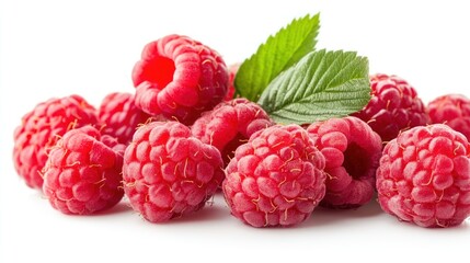 A pile of fresh raspberries with a green leaf, showcasing their vibrant color and texture.