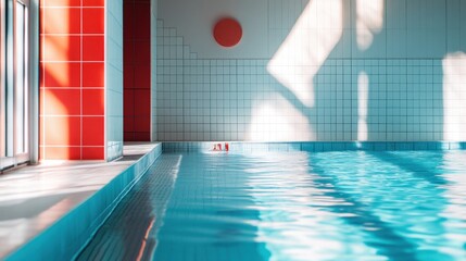 Canvas Print - A serene indoor swimming pool with vibrant red accents and natural light.