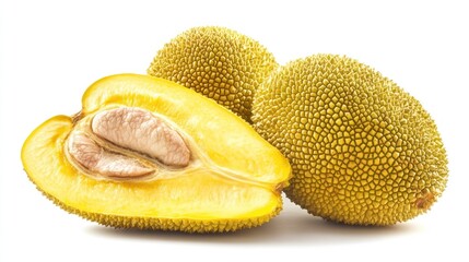 Sticker - A ripe jackfruit cut open, revealing its yellow flesh and seeds, with whole fruits in the background.