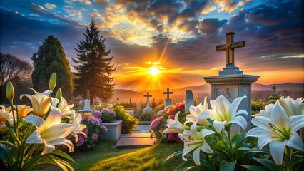 Vibrant dawn sunrise over tranquil cemetery scene with lilies and Easter lilies, symbolizing hope, renewal, and new life on Resurrection Sunday morning.