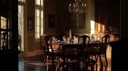 Canvas Print - A beautifully set dining table in a sunlit room, suggesting an elegant dining experience.