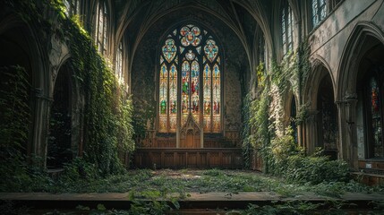 Sticker - An overgrown, abandoned church interior with stained glass windows and lush greenery.