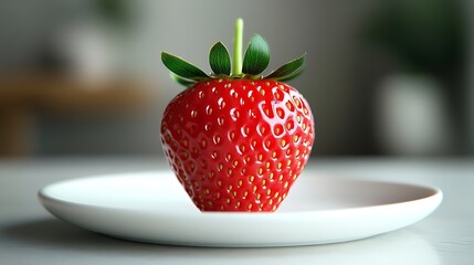 Wall Mural - one juicy strawberry on a white plate : Generative AI