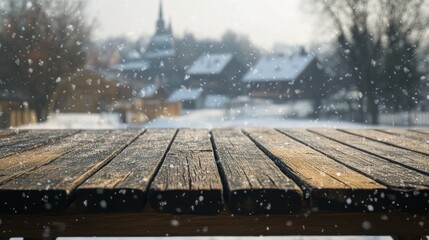 Sticker - A snowy landscape with a wooden table in the foreground and blurred houses in the background.