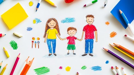 Wall Mural - A drawing of a family holding hands surrounded by colored pencils