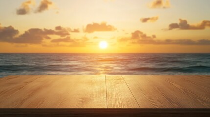 Canvas Print - A serene sunset over the ocean, viewed from a wooden surface.