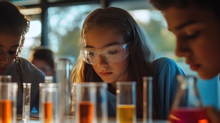 Canvas Print - A group of students conducting experiments in a science class with colorful liquids in beakers.