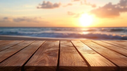 Sticker - A serene sunset over the ocean seen from a wooden table.