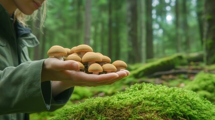 Poster - A person holding a handful of mushrooms in the forest, AI