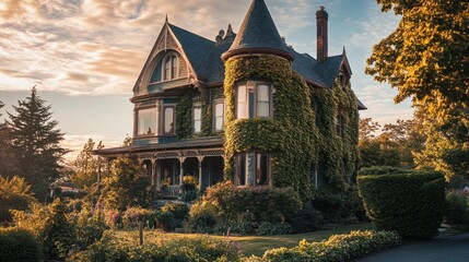 Canvas Print - A charming Victorian house adorned with ivy and surrounded by lush gardens at sunset.