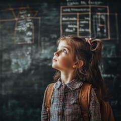 Canvas Print - A young girl with a backpack gazes thoughtfully at a chalkboard filled with notes and diagrams.