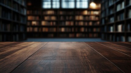 Sticker - A wooden table foreground with a blurred library backdrop, suggesting a reading or study space.