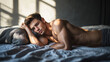 © Dirk - Shirtless sexy male model lying alone on his bed. Male photomodel in bedroom. Attractive man with bare chest in bed. Beautiful handsome man. Goodlooking guy.