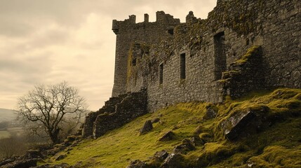 Wall Mural - Ruins of a stone castle surrounded by grassy terrain and trees under a cloudy sky.