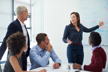 Poster - Business people, pitch meeting and data presenter with aboard with ceo and ideas in seminar. Proposal, speaker and conversation with information and public relations strategy in conference room