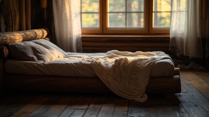 Wall Mural - A cozy, sunlit bedroom with a wooden bed and soft blankets, creating a serene atmosphere.