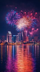 Wall Mural - Vibrant Fireworks Explode Over City Skyline, Reflecting in Rippling Water