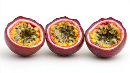 Poster - Three halved passion fruits showcasing their vibrant pulp and seeds.