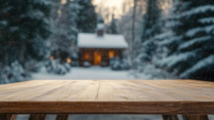 Canvas Print - A wooden table in the foreground with a snowy cabin and trees in the background.