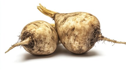 Wall Mural - Two round, earthy root vegetables with thin, tangled roots on a white background.