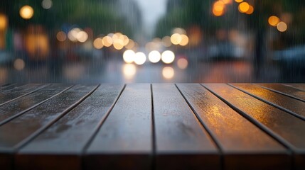 Sticker - A rainy street scene with blurred lights and reflections on a wooden table.