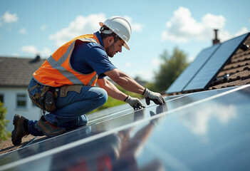  Construction worker installing solar panels on a roof in a sunny environment