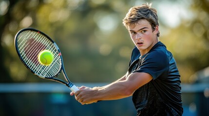 Poster - A young athlete prepares to hit a tennis ball during a match.