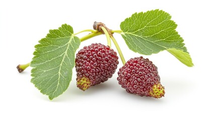 Two ripe berries with green leaves on a white background.