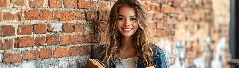 A joyful young woman stands against a brick wall, holding books, showcasing a love for reading and learning.