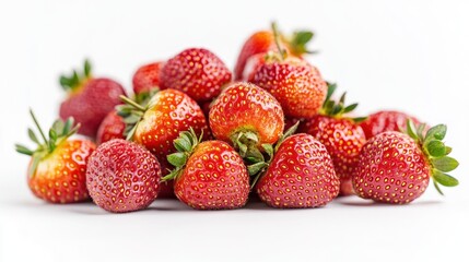 A vibrant pile of fresh strawberries arranged on a white background.