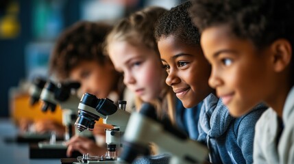 Poster - Children engaged in science, using microscopes in a classroom setting.