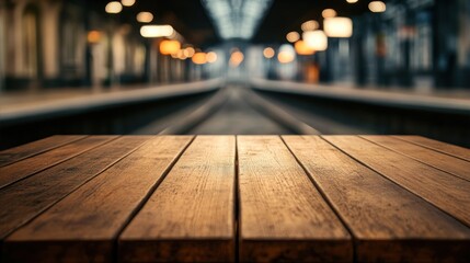 Wall Mural - A wooden table in a train station setting, creating a nostalgic atmosphere.