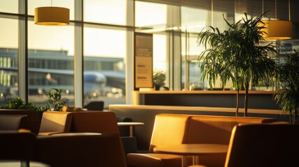 Poster - A cozy airport lounge with seating, plants, and sunlight streaming through large windows.