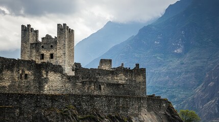 Wall Mural - A historic stone castle set against a mountainous backdrop under a cloudy sky.