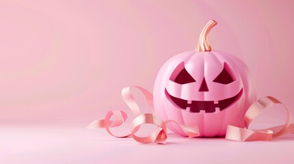 Wall Mural - A pink pumpkin with a scary face is on a pink background