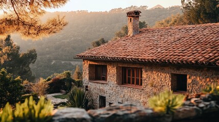 A rustic stone house with a tiled roof nestled in a mountainous landscape at sunset.