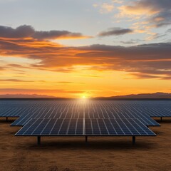 Wall Mural - Solar panel array in the desert during a stunning sunset, showcasing sustainable energy and innovation.