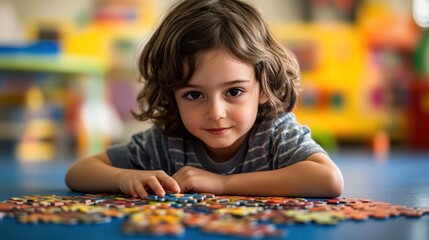 Wall Mural - A child focused on assembling a colorful jigsaw puzzle on the floor.