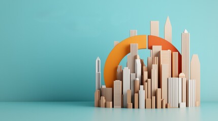 Stylized city skyline with geometric shapes in orange and beige against a light blue background, representing modern architecture.